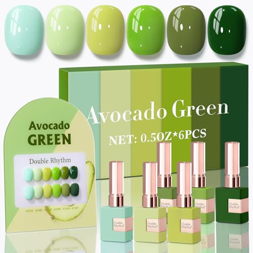 Double Rhythm 6 Pcs 15 ML Gel Polish Set Same Color Same Bottle Soak Off Gel Polish Kit Nail Art Manicure Salon DIY at Home for Women (Light Dark Green Olive Teal-T6-15) - color: Avocado Green