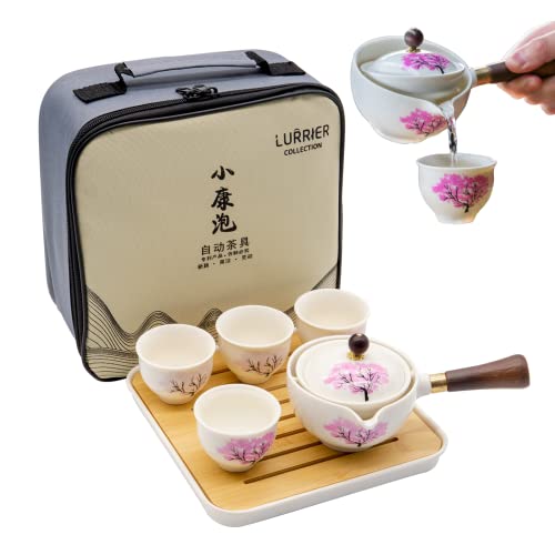 LURRIER Porcelain Chinese Gongfu Tea Set,Portable Teapot Set with 360 Rotation Tea maker and Infuser,Portable All in One Gift Bag for Travel,Home,Gifting,Outdoor and Office (Sakura) - color: Sakura