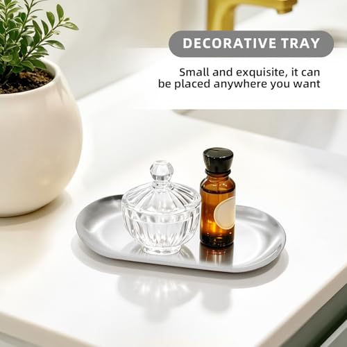 2 Pcs 7" Stainless Steel Decorative Tray Oval Jewelry Dish Cosmetics Organizer Bathroom Vanity Serving Platter Small Storage Trinket Ring Holder for Perfume Candle Key (Silver) - color: Silver