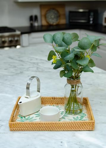 Magenta & Teal Decorative Rectangle Rattan Serving Tray 13x9 inch Mother of Pearl Inlay, Wicker Coffee Table Decor, Farmhouse (Green Flower) - color: Green Flower