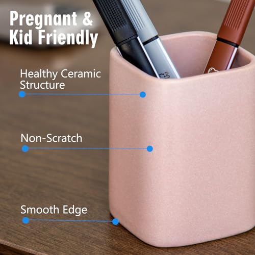 Ceramic Pen Holder Set of 2, Pencil Cup for Desk, Matte pink - color: Matte pink
