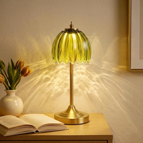EJQ Glass Tulip Rechargeable Table Lamp, Cordless Flower Table Light -Green - color: Green