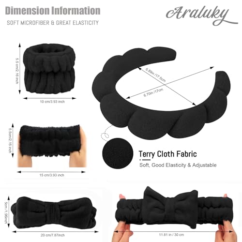 6 Pcs Puffy Terry Cloth Spa Headband and Wristbands for Face Skincare, Makeup Removal, Yoga, Shower, Spa Party, One Size, Unisex-Adults - color: Black