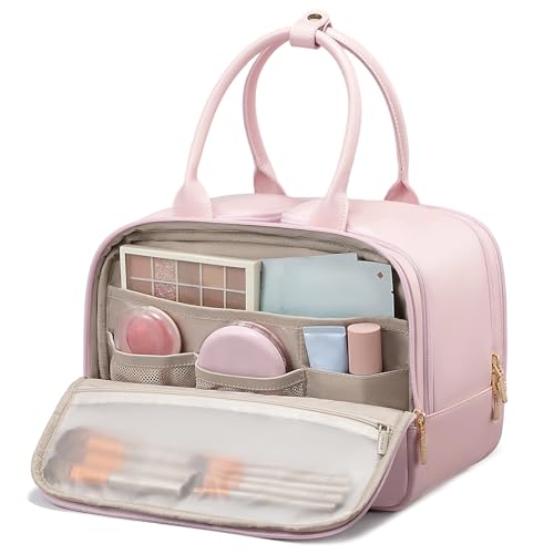 LOVEVOOK Travel Toiletry Bag for women, Leather Large Wide-open Makeup Bag, Waterproof Cosmetic Bag Organizer for Shower, Traveling, Toiletries, Bathroom - color: Pink