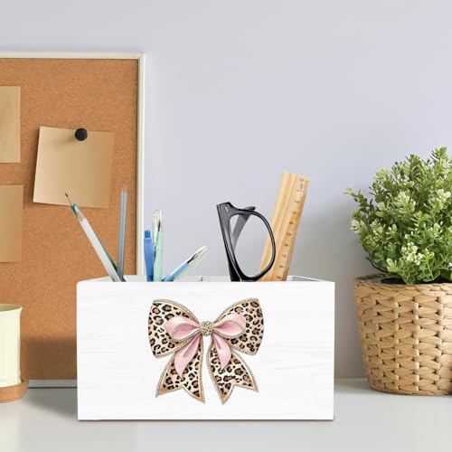Leopard Coquette Bow Pen Holder for Desk, Pink and Cheetah Print Pencil Organizer, Preppy Trendy Leopard Bow Wooden Box Sign Desk Decor for Girls Bedroom Home Decoration - color: Cheetah