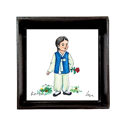"Little Girl in Hanbok, Korean Traditional Costume with Spring Flowers", Mounted on Blue Hanji Paper Frame, Lovely Wall Art, Unique Housewarming Gift (Hanbok boy navy)