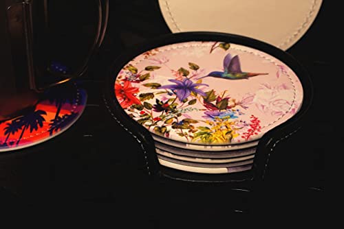 Hummingbirds Bird Flower Coasters for Drinks with Holder Leather Coasters Set of 6 Table Decor Protect Furniture from Water Marks Scratch and Damage - color: Black6
