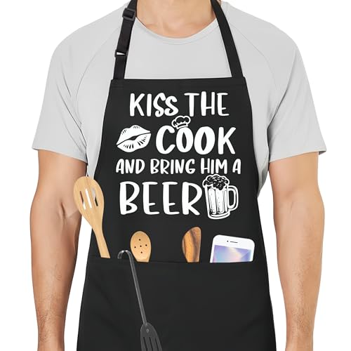 Kiss The Cook Funny Aprons for Men with 2 Pockets, Cooking Apron for Dad, Gag Gifts for Men, Adjustable BBQ Grilling Apron for Husband, Chef Kitchen Gifts for Birthday & Father’s Day - A08 - color: Kiss the Cook and Bring Him a Beer