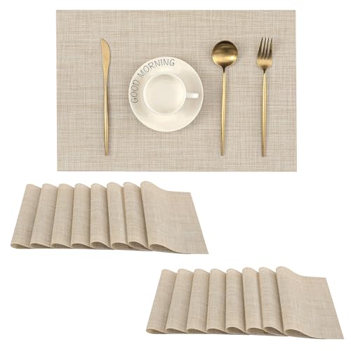 Leetaltree Woven Vinyl Beige Placemats Set of 16, Linen Look & Easy to Clean - color: Beige, size: Set of 16