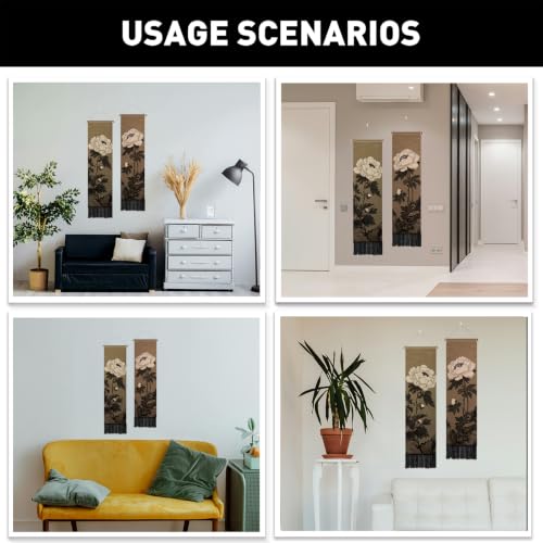 PLIGREAT 2 Pack Japanese Peony Vertical Tapestry with Tassels Elegant Flower Wall Hanging for Bedroom Bathroom Living Room Warm Long Narrow Wall Hanging Dorm Room Home Art Decor - color: white,brown