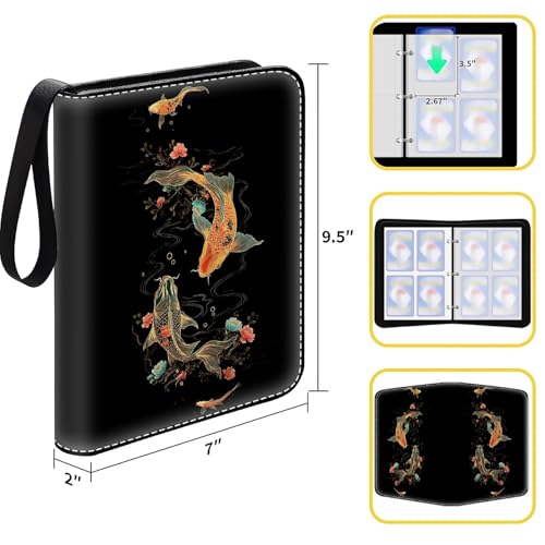 Card Binder 400 Pockets, 50 Sleeves Large Binder Trading Cards Holder 4 Pocket, Storage Organizer, Album Folder Case Protector Collector Gift Golden Koi Fish Swim Art - color: Golden Koi Fish Swim Art, size: 4 Pocket