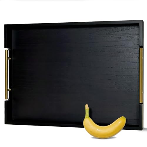 22" x 15.75" Wooden Serving Tray with Handles, Black Ottoman Tray - color: Black
