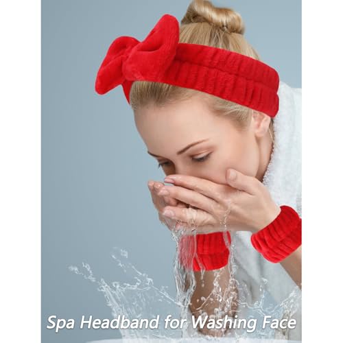 VELSCRUN Spa Headbands for Wash Face, Makeup Headband, Facial Skincare Headbands, 5 Pcs Red Puffy Sponge Spa Headband Bow Tie Hair Band Hair Clips Wristband Set Women Girls Accessories - color: Red