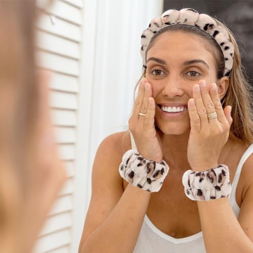 Tetizo Spa Headbands for Washing Face Wristband Set Sponge Makeup Skincare Headband Wrist Towels Bubble Soft Terry Towel Cloth Hairband for Women Puffy Headwear Non Slip Thick Thin Hair Headwear - color: Leopard Khaki