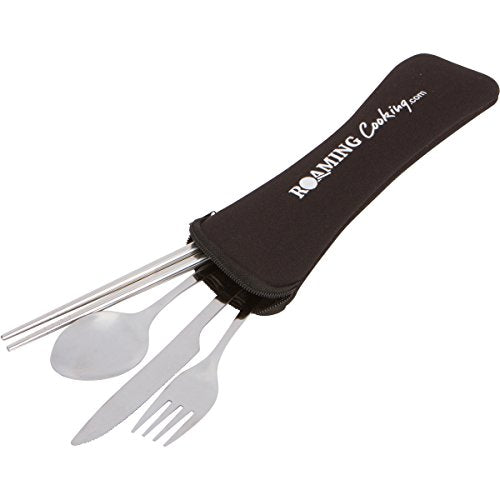 Reusable Travel Utensils with Case | Fork and Spoon Set with Knife, Chopsticks and Optional Reusable Straw– Office, Travel, or Camping Accessories| Lightweight Sturdy Reusable Utensils - color: 4pc Set - Black