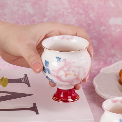 KAMMAK Red Makeup and Youth - Big-bellied, high-footed Cup,Tea Cup 3.2oz Small Tea Cups Set of 2, Red Porcelain Tea Cup Set,Asian Ceramic Teacups for Home, Party, Office - style: 711N Belly