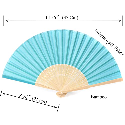 24pcs Imitated Silk Hand Fan Imitated Silk Fabric Bamboo Handheld Folded Fan Bridal Dancing Props Church Wedding Party Favors with Organza Bags (Aqua Blue) - color: Aqua Blue