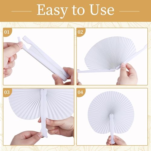 Aneco 200 Pieces Round Paper Folding Fans, White Foldable Handheld Fans with Plastic Handle, Wedding Decorative Folding Hand Fan with Storage Basket for Bridal Guest Church Party Favors DIY Crafts