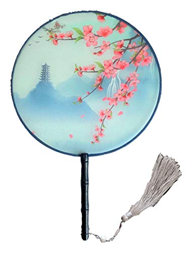 Seres Classic Round Fan,Wood Fan Rib&Semi-Transparent Silk Cloth,10+ Optional Patterns,Diameter 8.3in,团扇 (16.Hill Tower) - color: 16.hill Tower