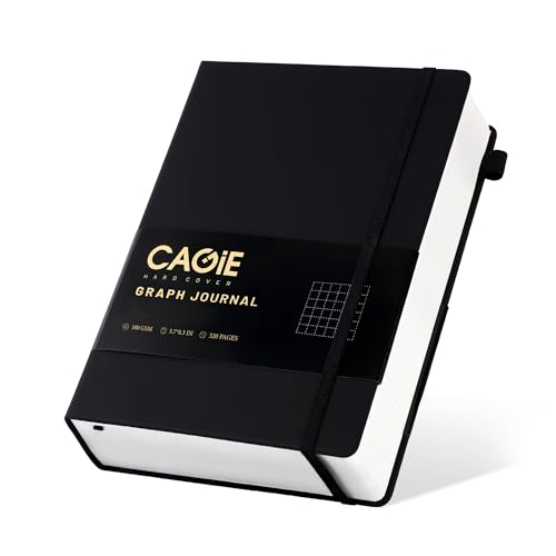 CAGIE Graph Notebook 320 Pages 100 GSM Paper Graphing Grid Journal A5 Hardcover Leather Quad Ruled Notebooks for Engineering, Math, Work, Black - color: Black, style: Graph A5