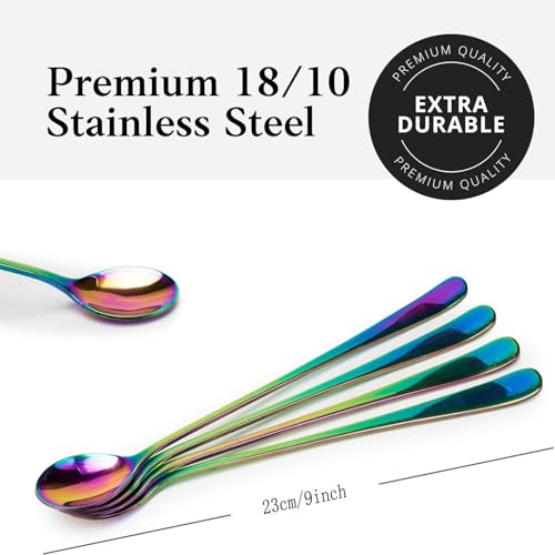 Long Handle Iced Tea Spoons, 9" 18/10 Stainless Steel Cocktail Stirring Spoons with Thickened Ergonomic Handle, Tall Coffee & Latte Stirrers, Dessert Spoon Set, Dishwasher Safe (9 IN) - color: Silver 9 IN, size: Round