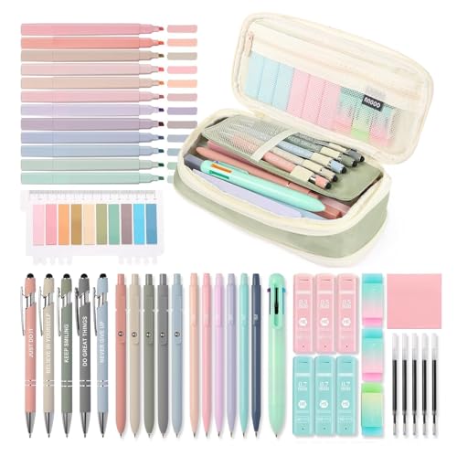 56 PCS Aesthetic School Supplies with Large Pencil Case, 5 Inspirational Ballpoint Pens, 12 Pastel Highlighters, 5 Black Ink Gel Pens, 6 Mechanical Pencils 0.5-0.7mm College Student Essentials (Green) - color: Green