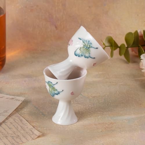 KAMMAK Tea Cup Set of 2 Small Tea Cups 1.4oz White Porcelain Tea Cup Set, Asian Ceramic Teacups for Home, Party, Office, Chinese Kung Fu Tea Set for Hot/Cold Drink (Playing with Butterflies) - style: 716N Peach Flower and Butterfly