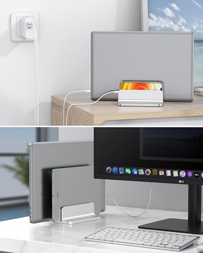 OMOTON Dual Vertical Desk Laptop Stand Holder, Fits MacBook Air/Pro, Silver - color: Silver