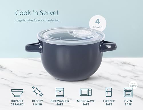 KooK French Onion Soup Crocks with Lids & Handles, Set of 4, Denim - color: Denim