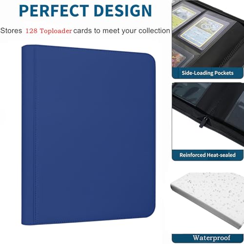 Toploader Binder,4-Pocket Double Sided Top Loaders Binder,Holds 128 Cards in 3"x4" Toploaders,PU Leather Card Binder Abulm for Toploader Trading,Sports,and Gaming Cards (Blue) - color: Blue