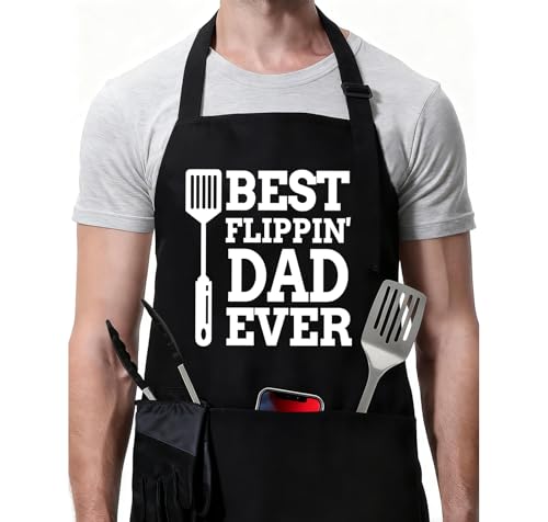 Rosoz Funny BBQ Black Chef Aprons for Men Adjustable Kitchen Cooking Aprons - color: Best Flippin'dad Ever