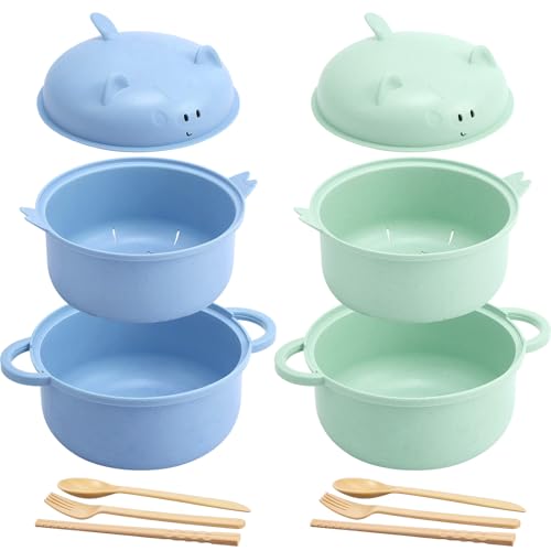 2 Sets 45oz Cute Pig Ramen Bowl Set Microwavable Nordic Blue, Green - color: Nordic Blue,Nordic Green