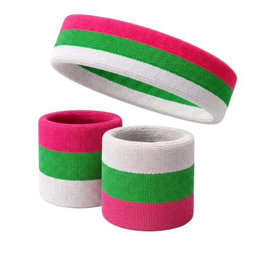 COUVER 3 Color Striped Sports Sweatband Set - color: Bright Pink/Bright Green/White