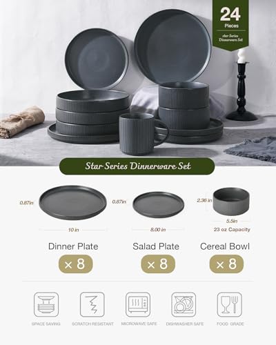 Famiware Star Stoneware Dinnerware Sets for 8, Reactive Glaze Plates, Bowls - color: Matte Dark Charcoal