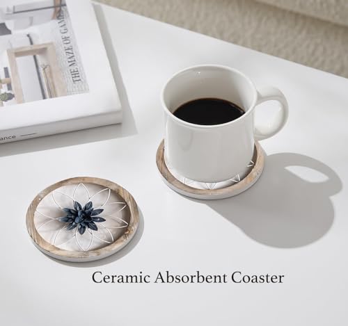 Nikyi 6 Pcs Rustic Wooden Metal Flower Art Ceramic Absorbent Coasters, Round Drink Coaster with Metal Holder and Cork Base, for Coffee Table Kitchen Bedroom Living Office Desk Home Decor or Gifts - color: Rustic Wooden Metal Flower Art