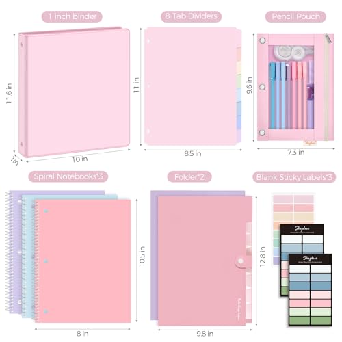 SKYDUE Pink School Supplies Set – 1" 3-Ring Binder, 2 Expanding File Folders, 3 Spiral Notebooks, 8 Tab Dividers & Pencil Pouch – Cute Stationery for High School Stude, College Essentials - color: Pink