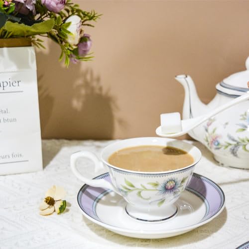 Bone China Tea Set, 21-Pieces Porcelain Tea Set for Adults, Tea Cups And Saucers for 6, with Teapot, Spoons, Sugar Bowl, Creamer Pitcher, Vintage Tea Set for Women Tea Party (Purple) - color: Purple