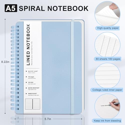 Lined Spiral Notebook for Women, A5 College Ruled Leather Spiral Journals - color: Light Baby Blue, size: A5