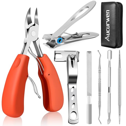 Toenail Clippers for Seniors Thick Toenails, Aucurwen Heavy Duty Toe Nail Clippers Adult Thick Nails Long Handle, Large Toenail Clippers for Thick Nails 7Pcs(Orange) - color: Orange