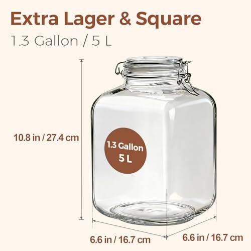 ComSaf Square Glass Jars with Airtight Lid 1.3 Gallon 2 Pack Large Canister - size: 1.3 gallon x 2
