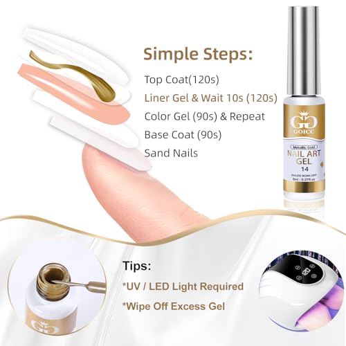 Gold Silver Metallic Gel Liner Nail Polish 3D Mirror Chrome Gel French Tip - color: Gold
