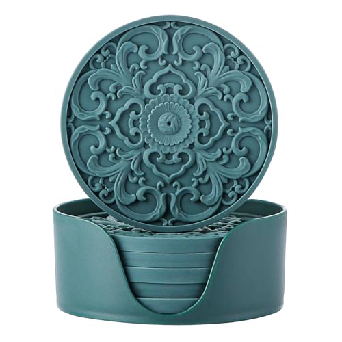 Colinda Silicone Coasters - Set of 6 with Holder, Non-Slip Cup Mats for Hot and Cold Drinks, Decorative Designs, Gift Ready Packaging,Malachite Green - color: Malachite Green