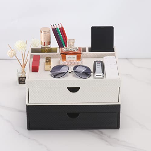 Leather Desk Organizer With Drawers, Home Cosmetics & Phone Remote Organizer, Drawer Plus Divider & Tray (white) - color: white