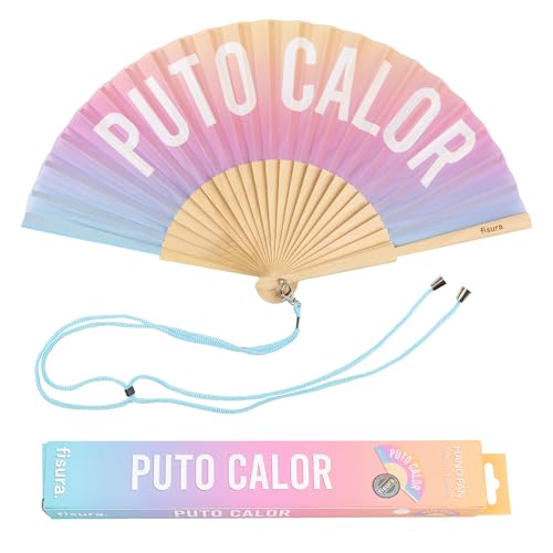 Fisura – Original folding fan with message P*to calor, gradient wooden handheld fan for women, perfect for rave, party, wedding, birthday, gift or summer decoration - color: Calor, Gradient