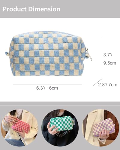 Checkered Makeup Bag for Purse, Small Travel Cosmetic Pouch,Blue Beige - color: Blue Beige