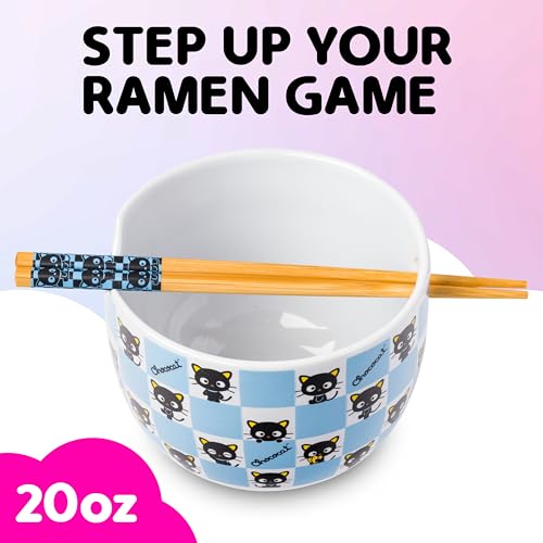 Silver Buffalo Hello Kitty and Friends Chococat Checkered Pattern Ceramic Ramen Noodle Rice Bowl with Chopsticks, Microwave Safe, 20 Ounces - color: Chococat Checkered, size: 20 Ounces (No Spoon)