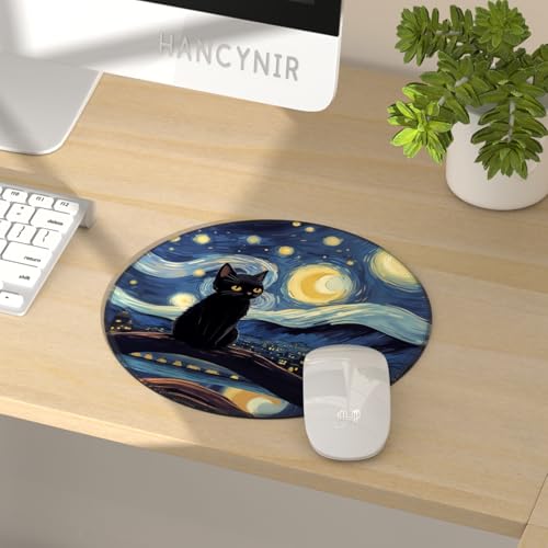 Hancynir Black Cat Round Mouse Pad, Small Mousepad for Laptop Desk Office - color: Black Cat Starry Night
