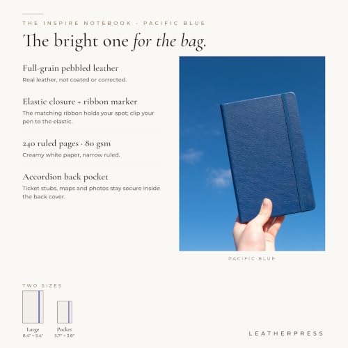Leather Notebook, Writing Journal, Pacific Blue - color: Pacific Blue, size: Large