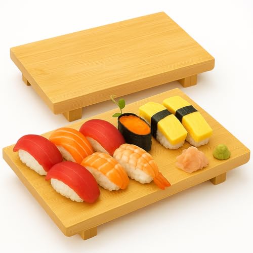 Bamboo Sushi Plate Japanese Style Sushi Serving Tray, Wooden Sushi Board & Sashimi Platter – Natural Eco-Friendly Bamboo Tableware for Sushi Rolls, Nigiri & Appetizers (9.45" × 5.91", Count, 2) - size: 9.45" × 5.91"