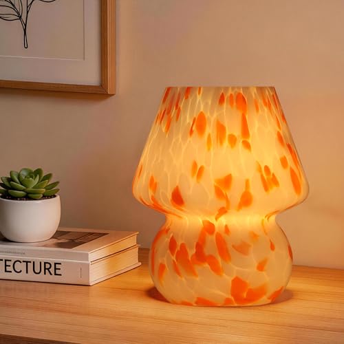 Mushroom Lamp with LED Bulb, Small Glass Bedside Lamp, Orange&White - color: Orange&White